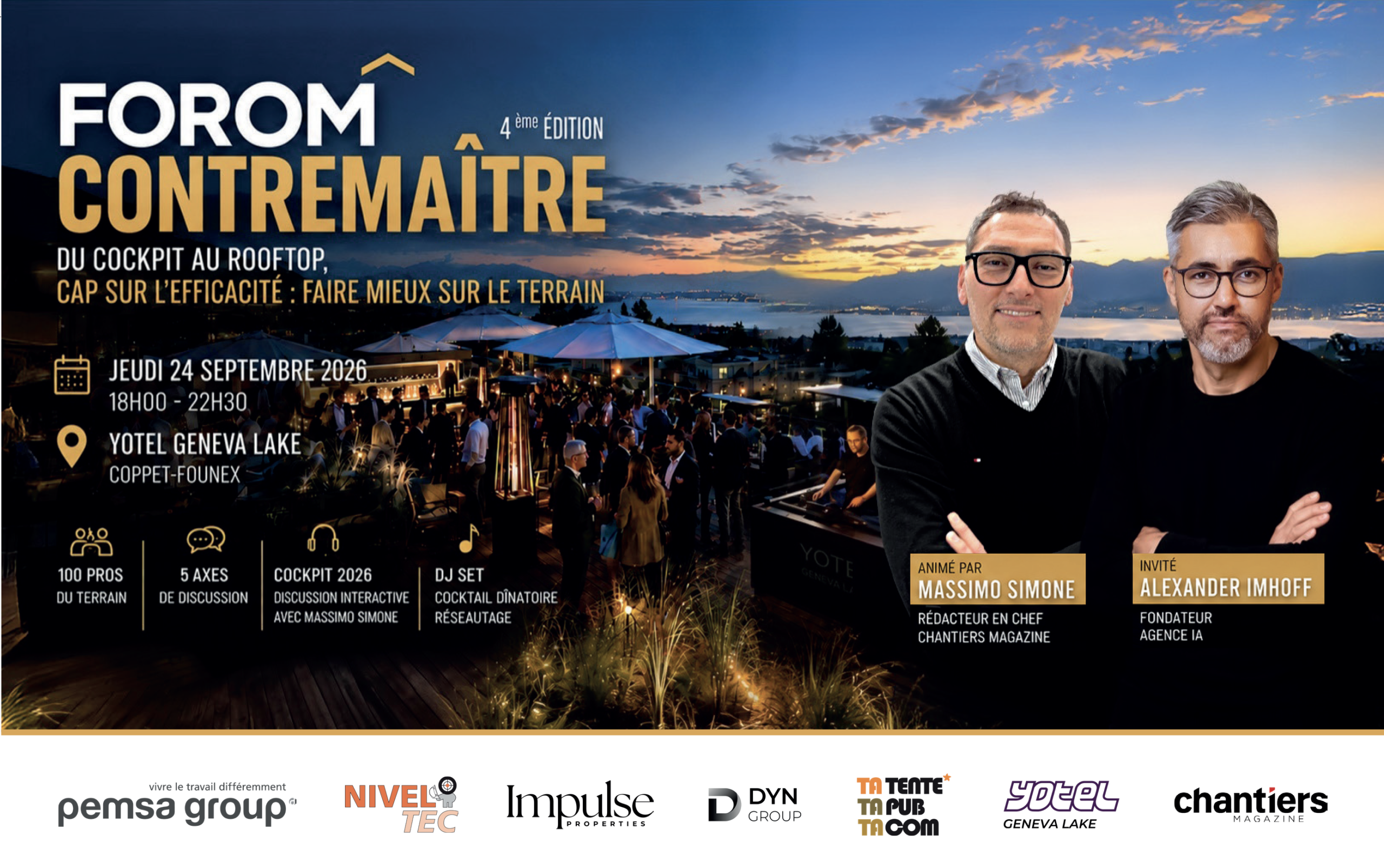 FOROM Contremaître – 4ème édition · Du cockpit au rooftop, cap sur l'efficacité · Jeudi 24 septembre 2026, 18h00–22h30 · YOTEL Geneva Lake, Coppet-Founex · animé par Massimo Simone, invité Alexander Imhoff
