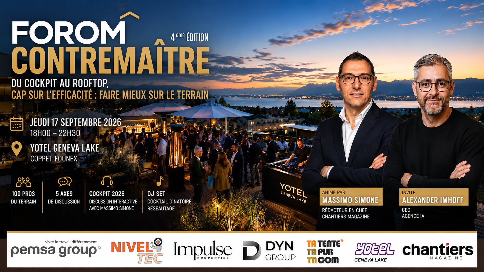 FOROM Contremaître – 4ème édition · Du cockpit au rooftop, cap sur l'efficacité · Jeudi 17 septembre 2026, 18h00–22h30 · YOTEL Geneva Lake, Coppet-Founex · animé par Massimo Simone, invité Alexander Imhoff