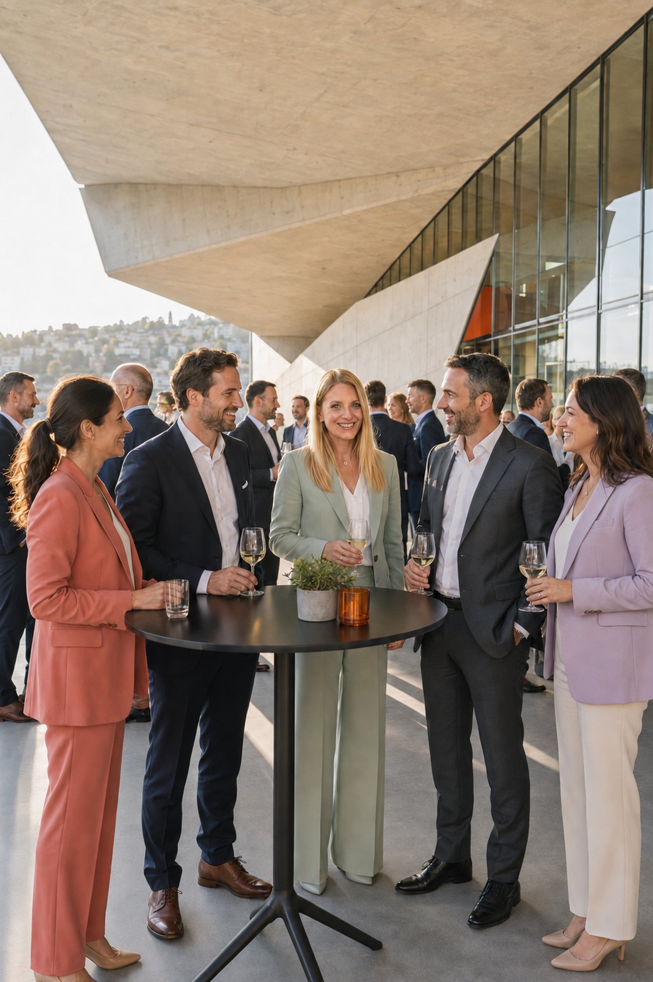 Professionnelles et professionnels en discussion autour de tables hautes, sous la structure du Stade de la Tuilière, dans une lumière de fin de journée.
