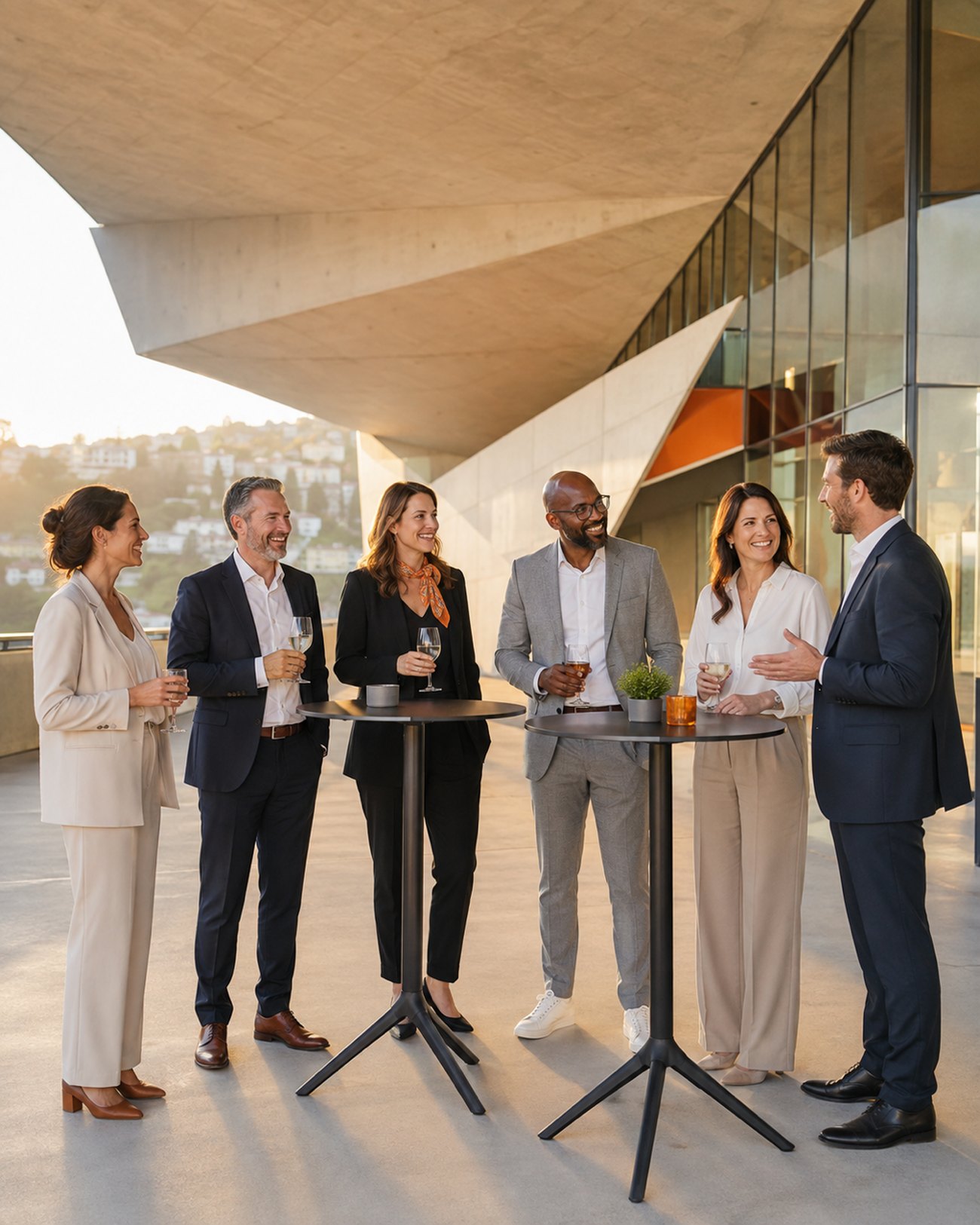 Six personnes en tenue professionnelle échangent debout autour de tables hautes sur l’esplanade du Stade de la Tuilière.